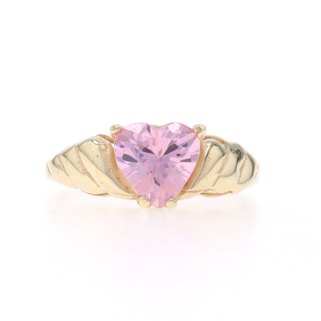 Yellow Gold Pink Cubic Zirconia Heart Solitaire Ring - 10k 1.92ct Love